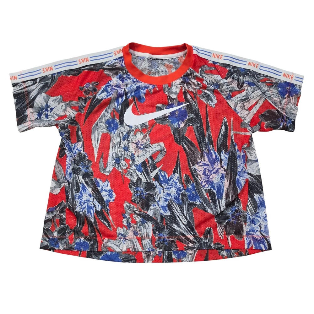 Nike Women Hyperflora Floral Mesh Jersey Top Red Blue Swoosh Large
